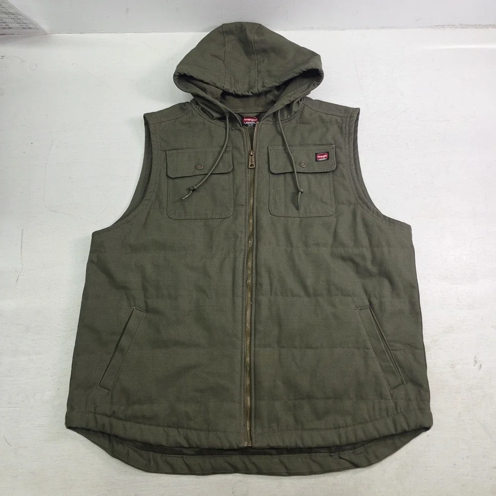 Wrangler Workwear Green Canvas Hooded Sleeveless Zip Vest Jacket Men's‎ 2XL EUC